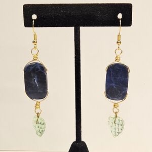 Sodalite And Press Glass Leaf Beaded Dangle Earrings